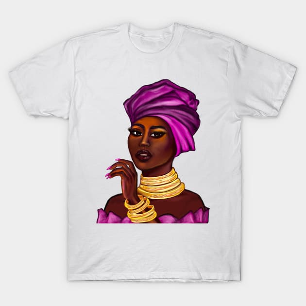 Queen Black is beautiful black girl with Gold bangles, neck ring necklace, purple dress and head wrap, brown eyes and dark brown skin ! T-Shirt by Artonmytee